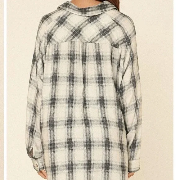 Plaid Button Up Shirt Oversized Flannel Transition Fall Casual White Blue Small - Picture 2 of 8
